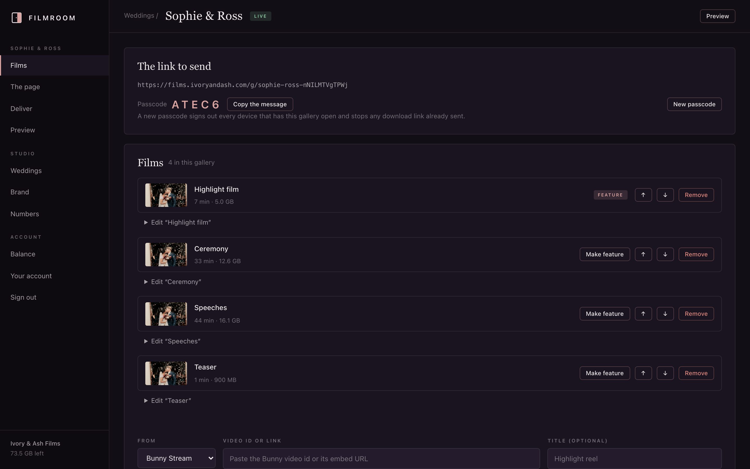 The studio admin: the link and passcode to send, and each film with its title, length and settings.