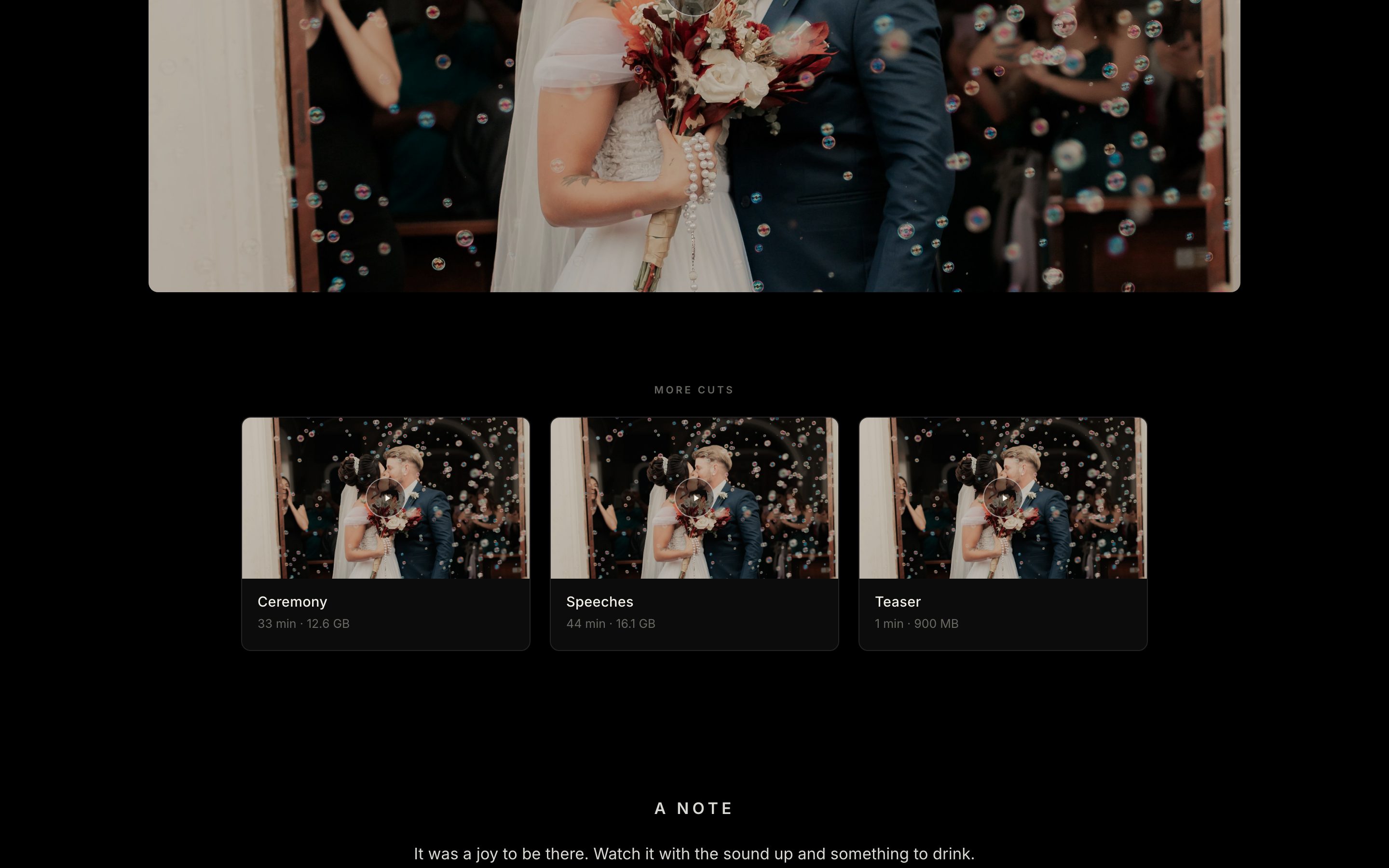 Cards for the other cuts: highlight reel, full ceremony, toasts and speeches.