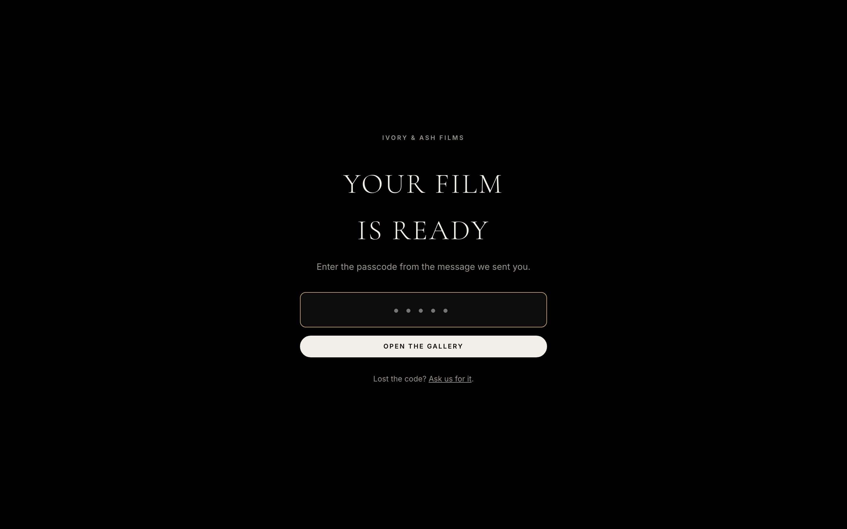 The locked gallery: a passcode field on a black page.