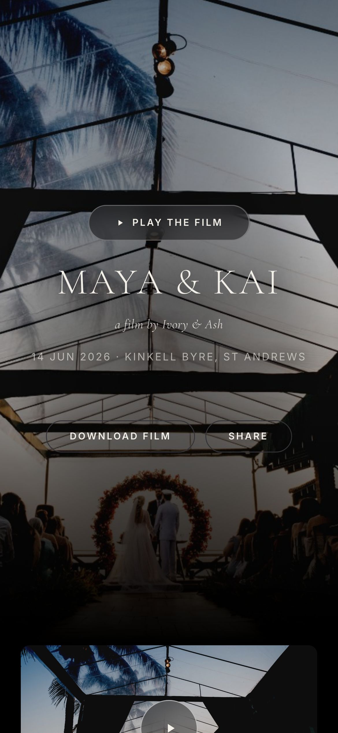A wedding film gallery on a phone: the couple's names over a still from their film.