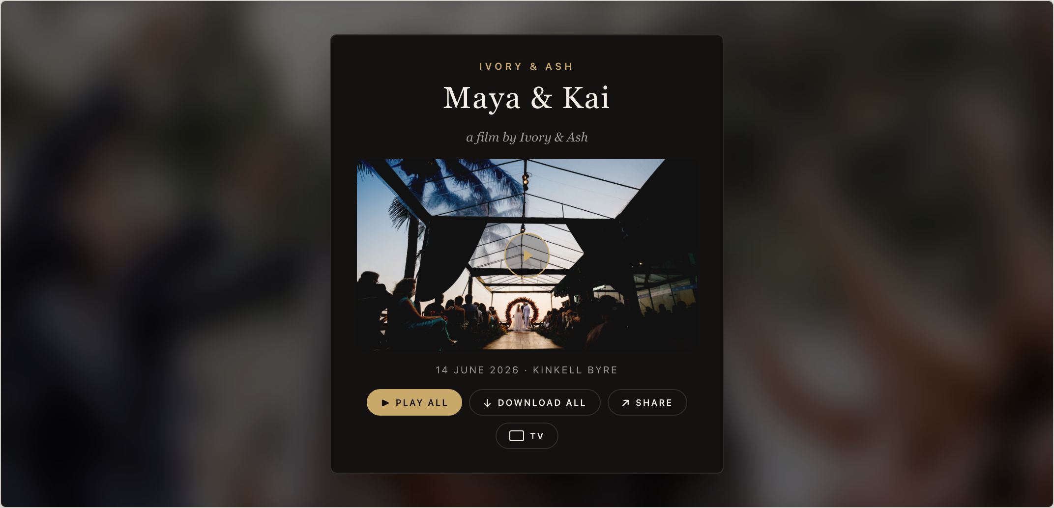 The Card layout: an invitation resting on a blurred still.